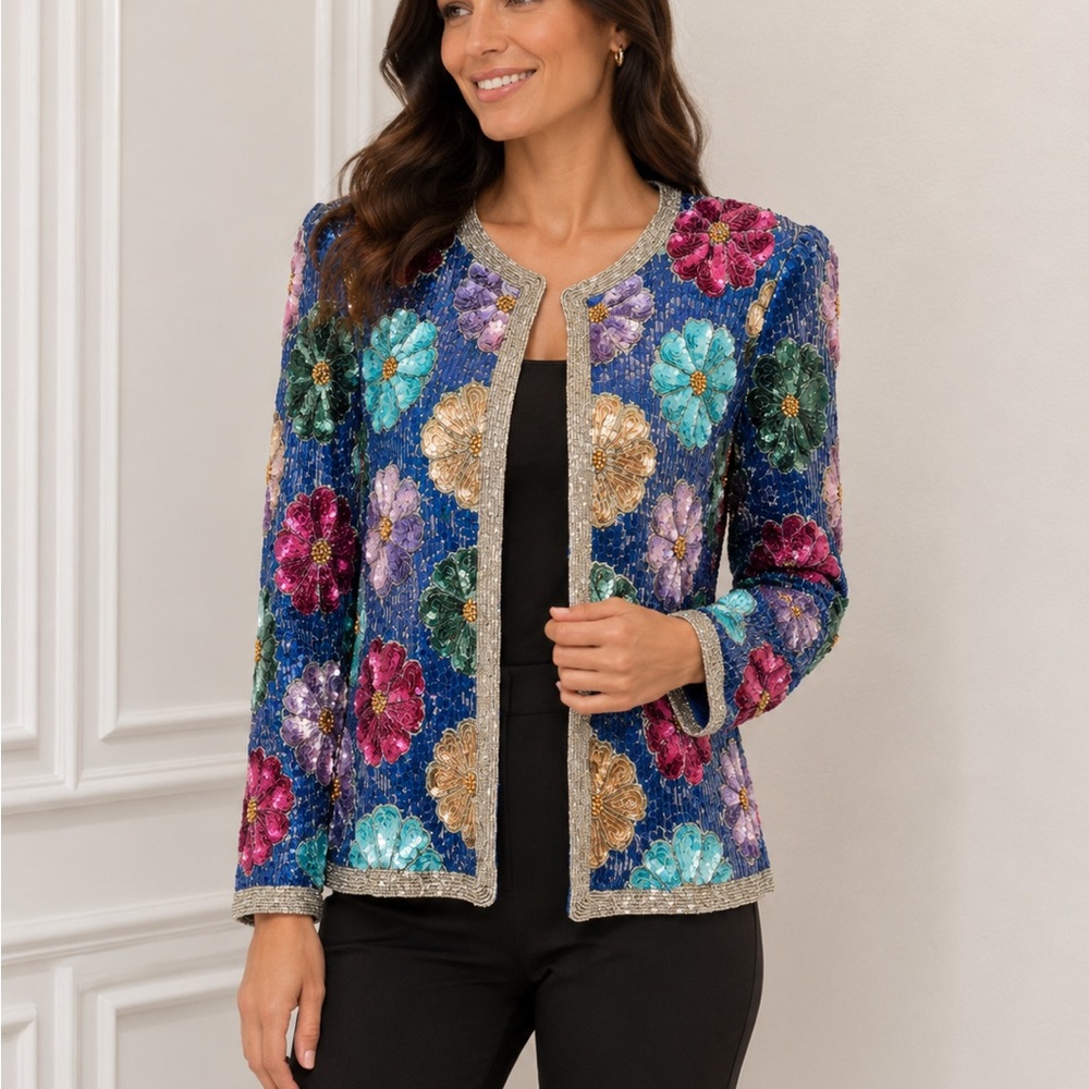 VINTAGE Leslie Fay Blue beaded Sequin Floral Blazer M